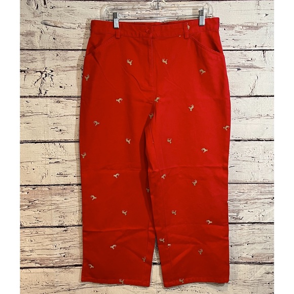LL BEAN Ladies Red Cropped Cotton Pants with Embroidered Yellow Labs-14 - Picture 1 of 3